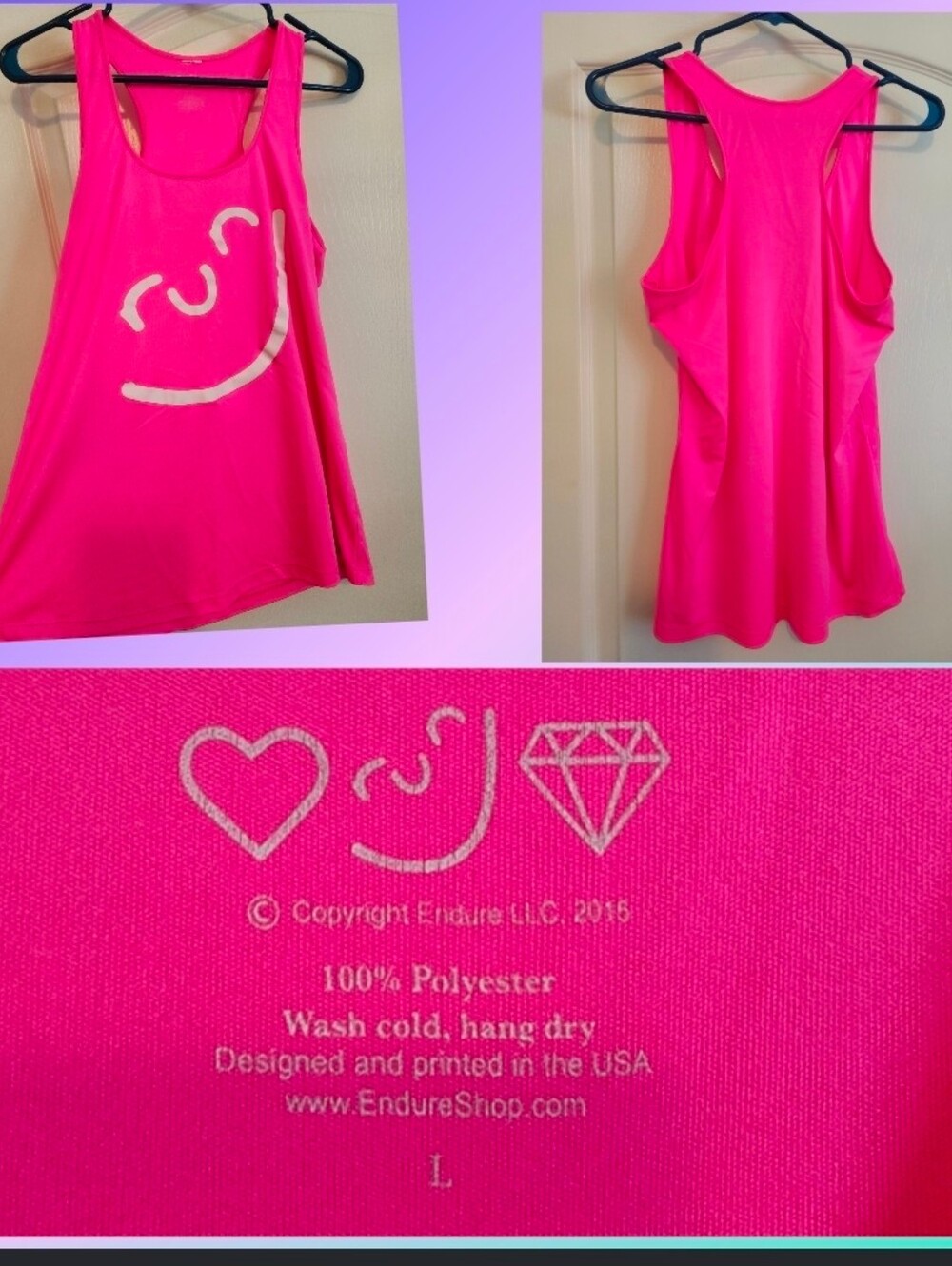 Endure Bright Pink Smile Graphic Racerback Tank- Size Large EUC